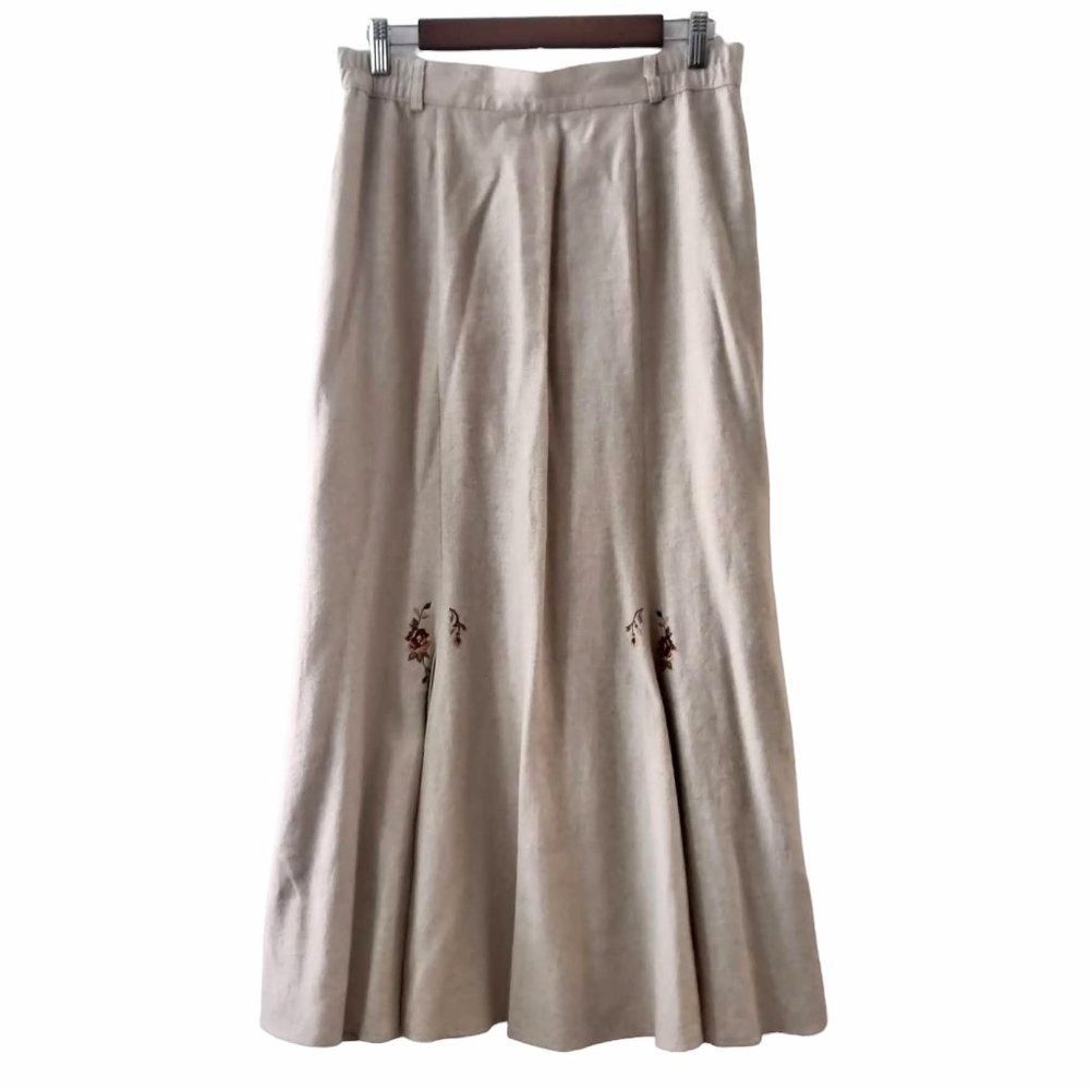 Landhaus UK 16 (US L) Beige Linen Blend Embroidered Flowers Cottagecore Skirt